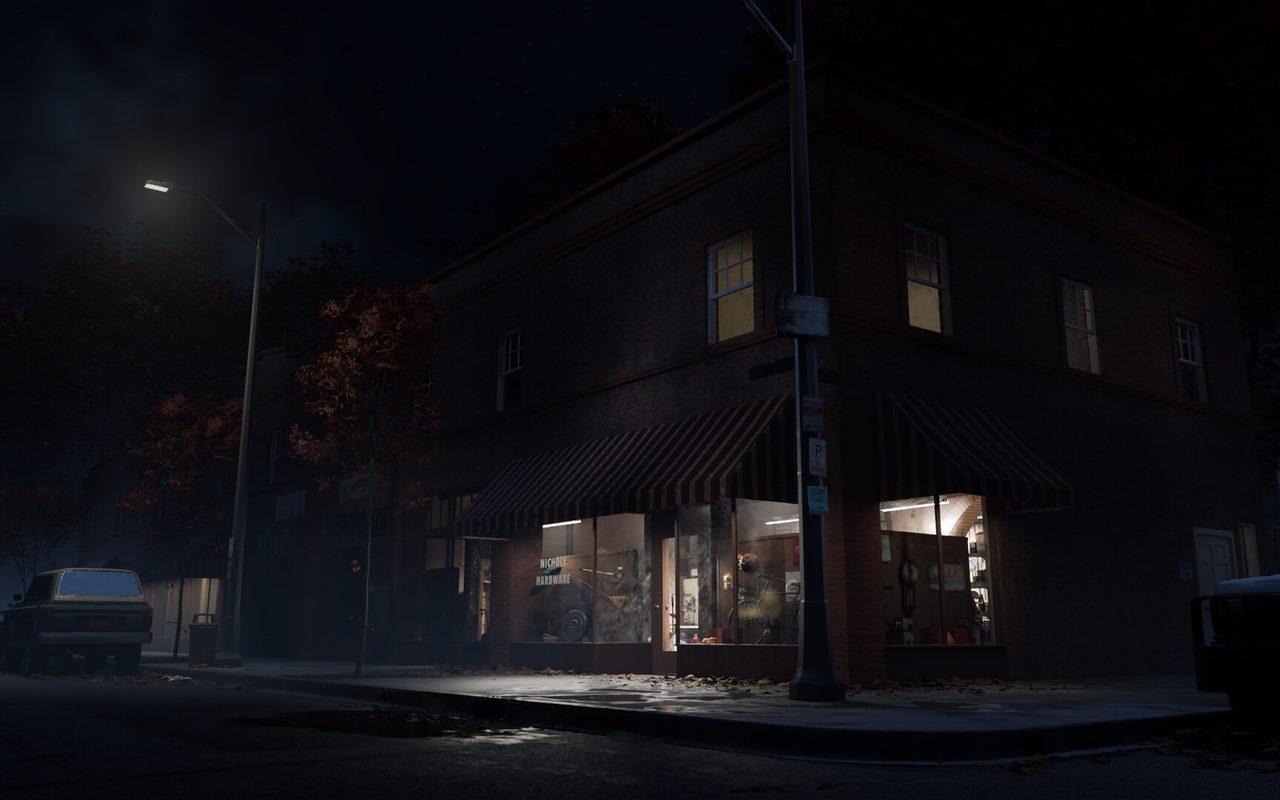 Une épicerie de quartier éclairée au coin d'une rue de Haddonfield, la nuit