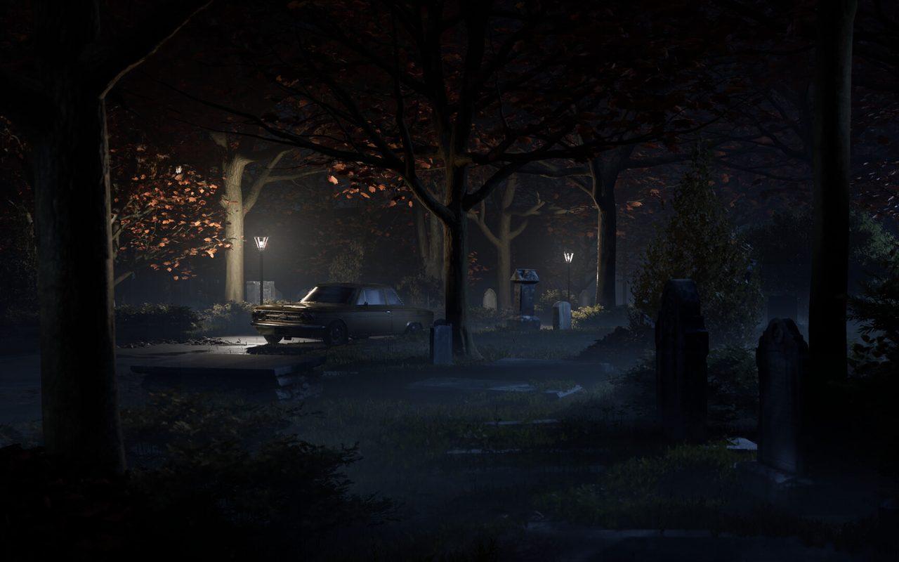 Un parc désert de Haddonfield la nuit, éclairé par quelques lampadaires