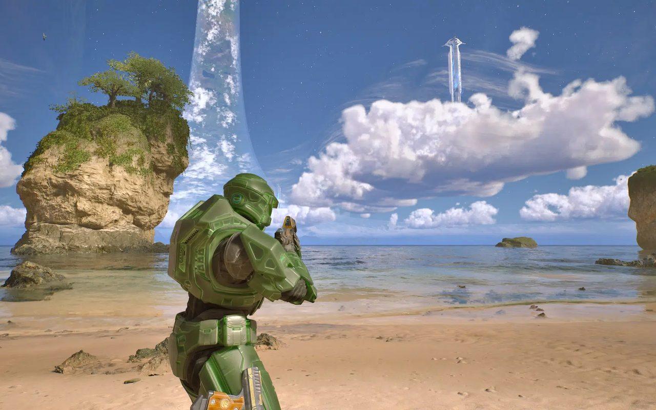 Le Major sur une plage de Halo Alpha, l'anneau dressé dans le ciel