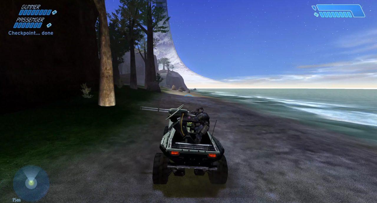 La plage de Halo: Combat Evolved en 2001, le Warthog sur le sable sous la courbure de l'anneau