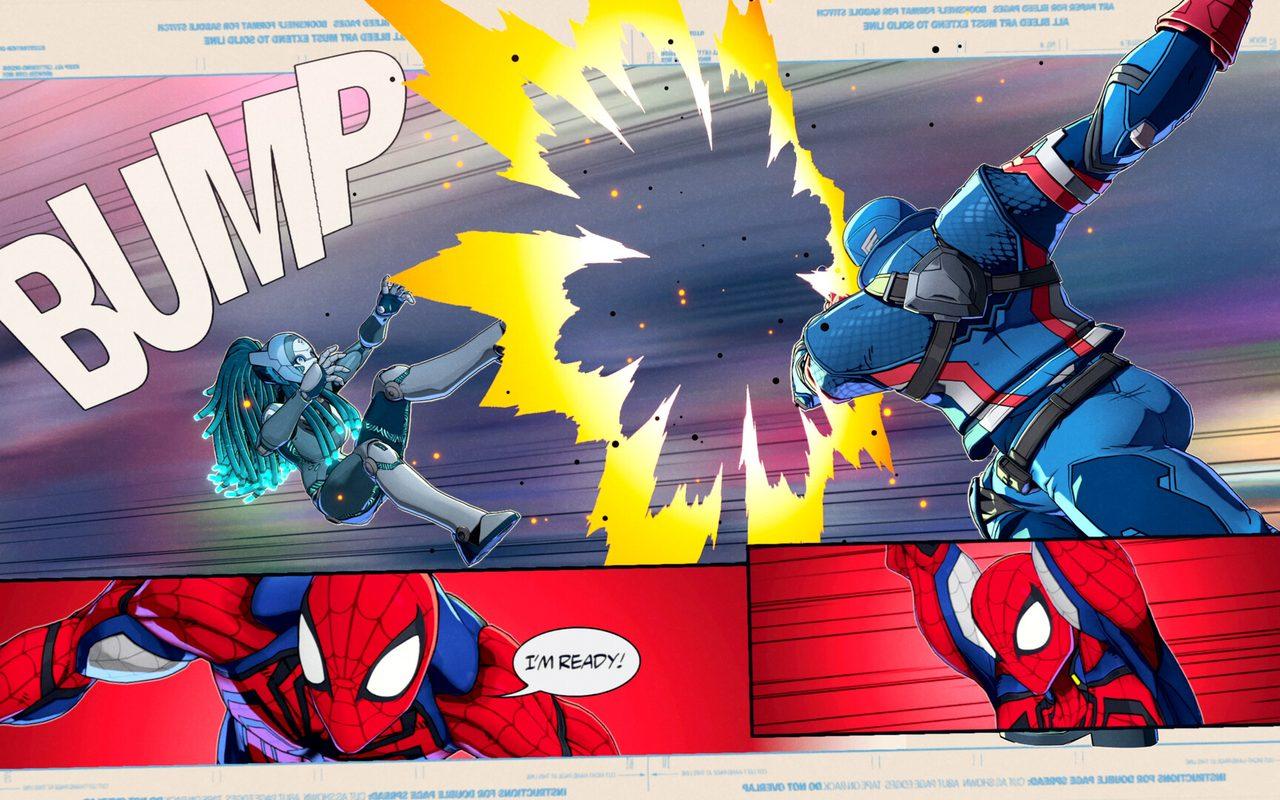Planche de comics animée du mode Épisode, Captain America et Spider-Man en pleine action