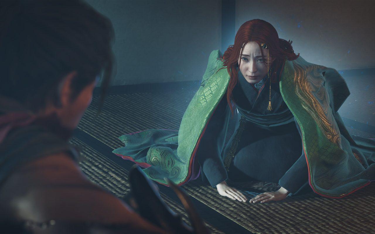 Une femme en manteau vert agenouillée sur un tatami face à Musashi