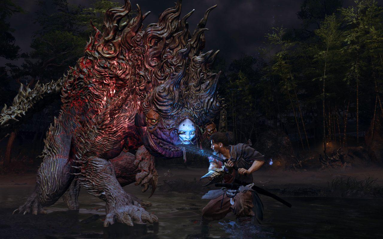 Un Genma colossal aux écailles rouges domine Musashi dans une forêt