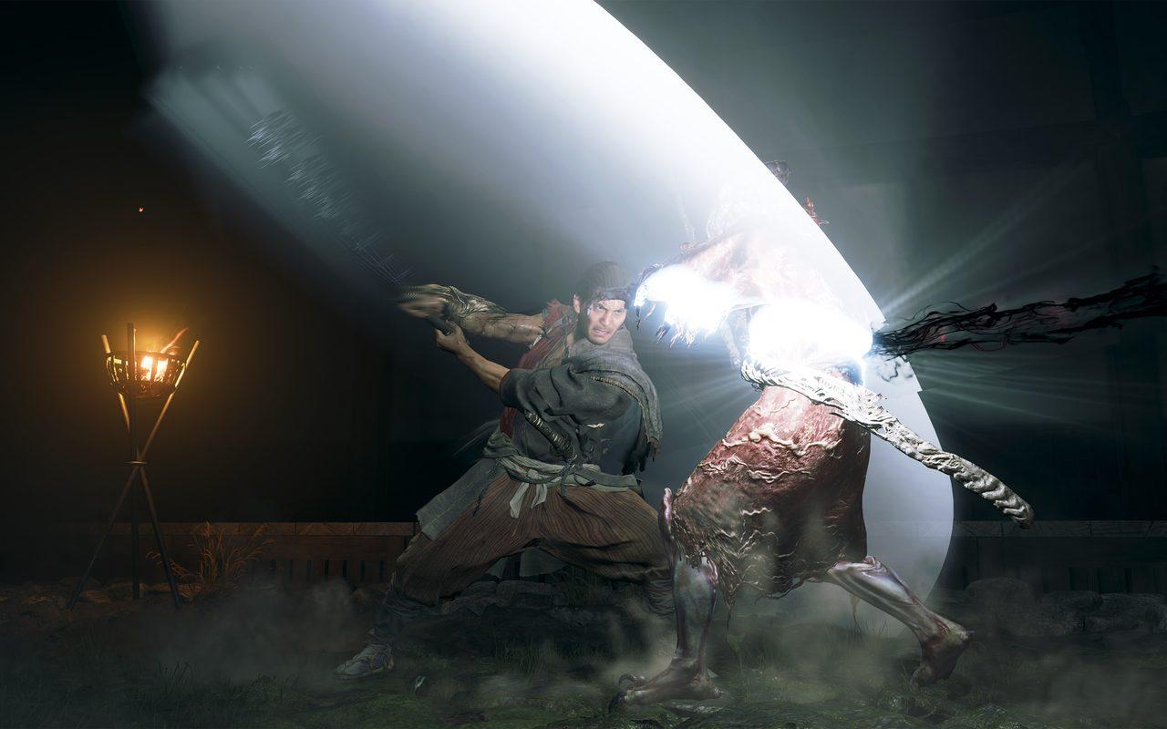 Musashi tranche un démon d'un arc de lumière blanche, de nuit