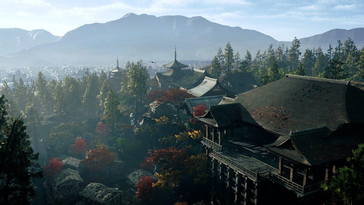 Le Kyoto d'Onimusha: Way of the Sword, avec un temple sur pilotis entre forêts et montagnes