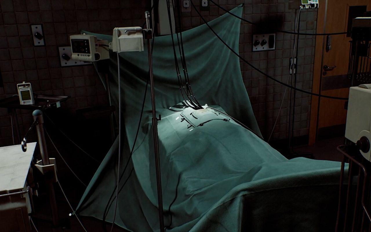 Une chambre d'hôpital carrelée, un lit sous un drap vert et des appareils médicaux