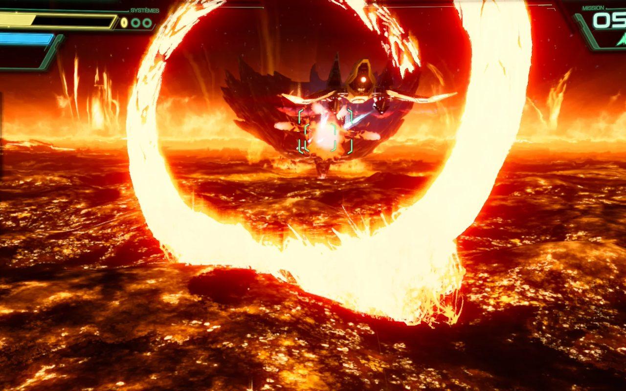 Arwing traversant un anneau de flammes au-dessus d'un océan de lave