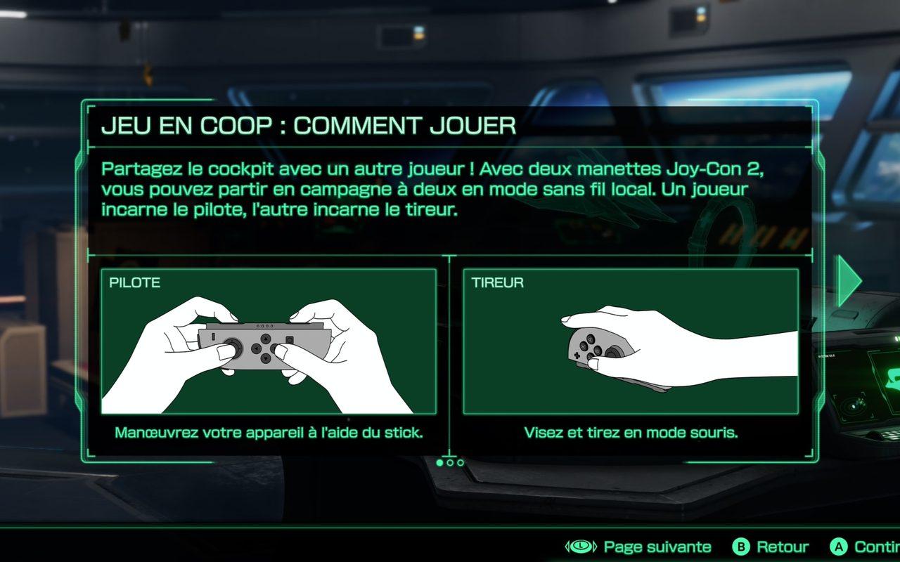 Écran d'aide de la coopération, un pilote au stick et un tireur à la souris
