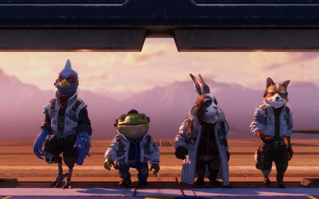 Falco, Slippy, Peppy et Fox réunis sur une passerelle dans Star Fox sur Switch 2