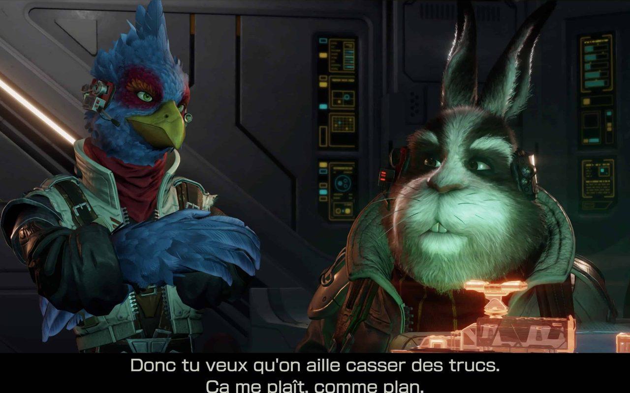 Falco et Peppy en pleine discussion avant une mission, sous-titrés en français