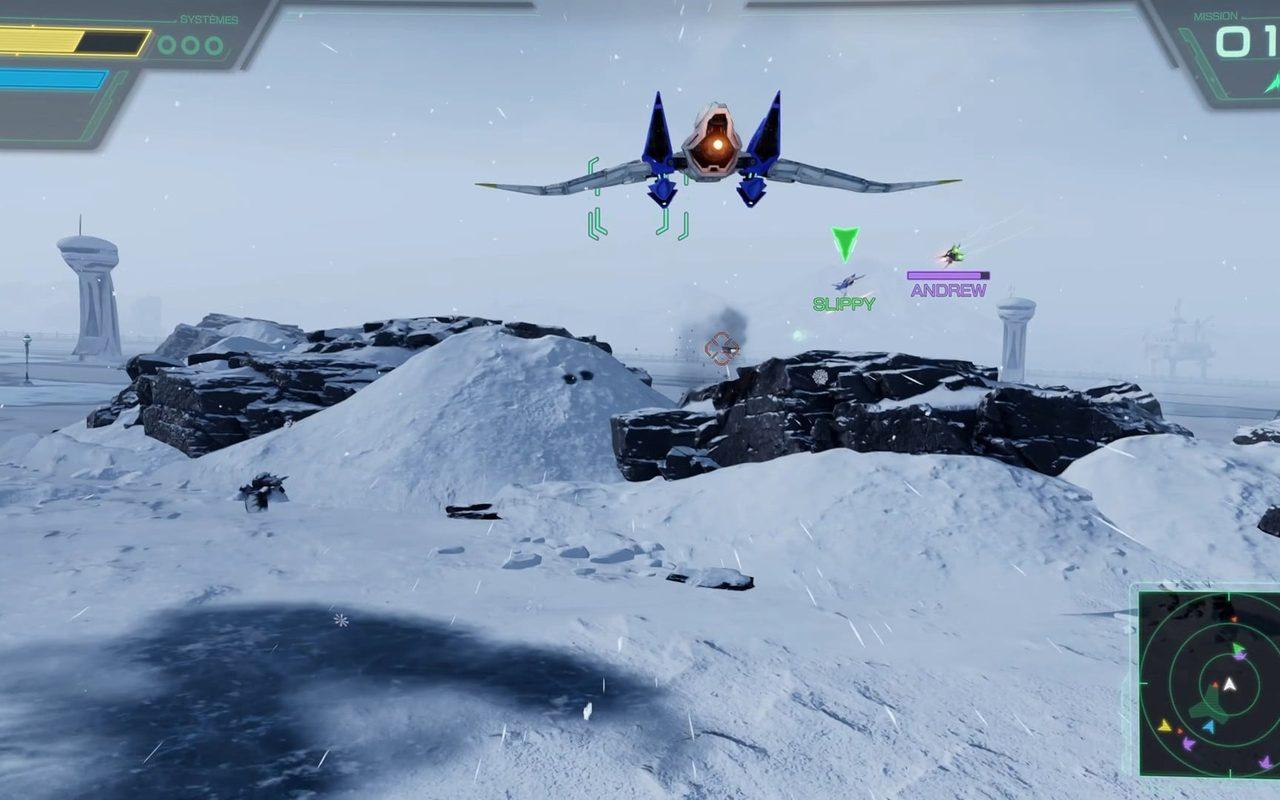 Arwing survolant une planète enneigée