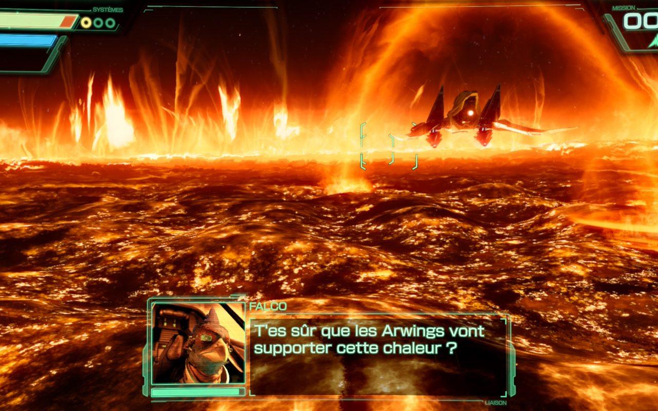 Arwing au-dessus d'une mer de lave, une réplique d'un coéquipier en français à l'écran