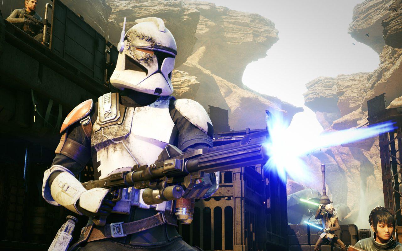 Un soldat clone fait feu au blaster lors d'un assaut