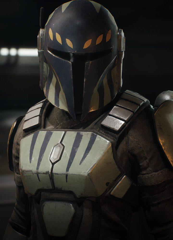 Cly Kullervo en armure mandalorienne, casque sombre et plastron clair