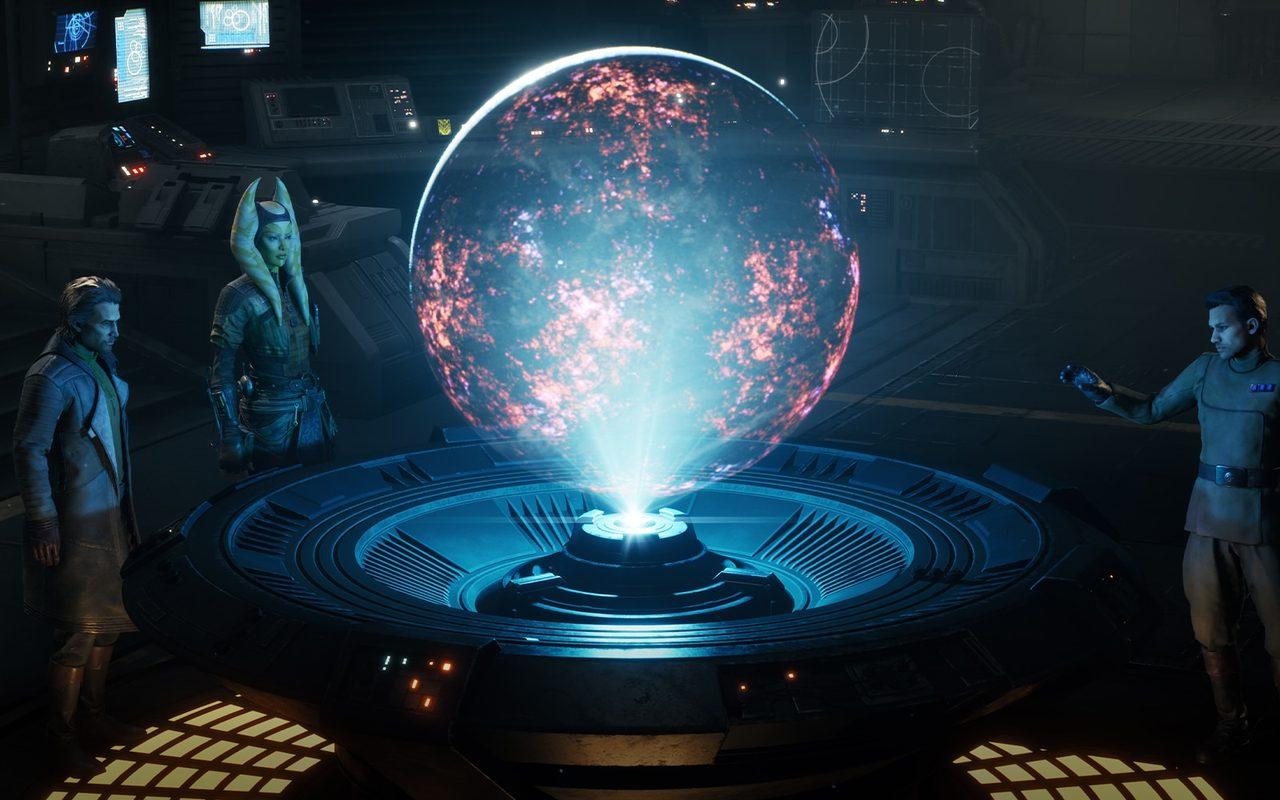 Trois membres de l'équipe autour du globe lumineux de l'holotable, dans la Planque