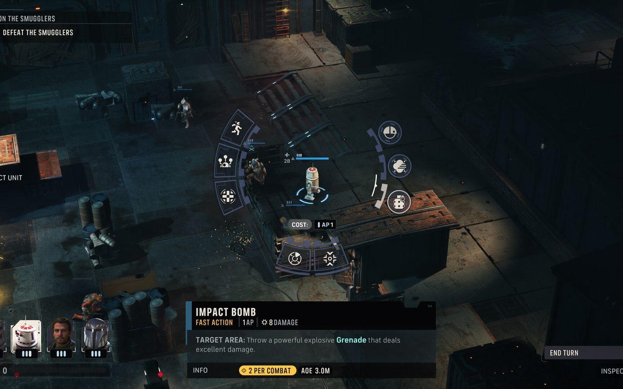 Vue tactique d'un entrepôt, menu des actions ouvert sur le lancer d'une grenade