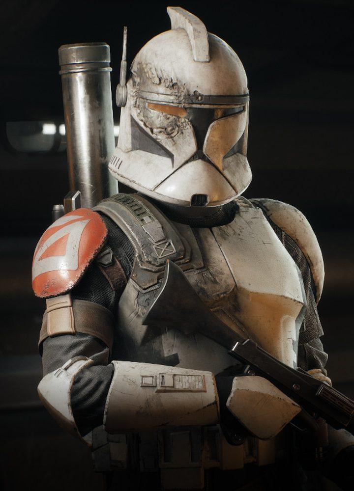 Trick, soldat clone en armure blanche usée, blaster en main