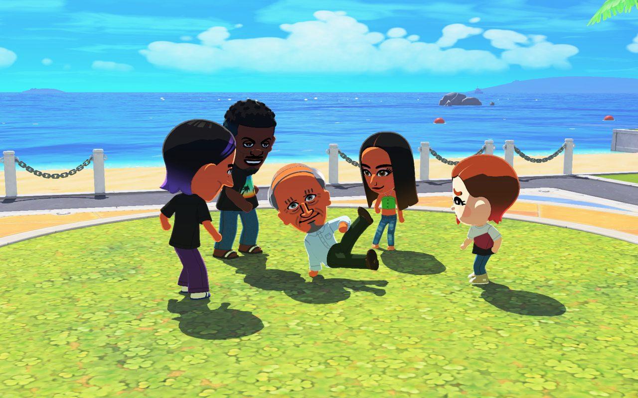 Un groupe de Mii qui s'amuse sur une pelouse face à la mer