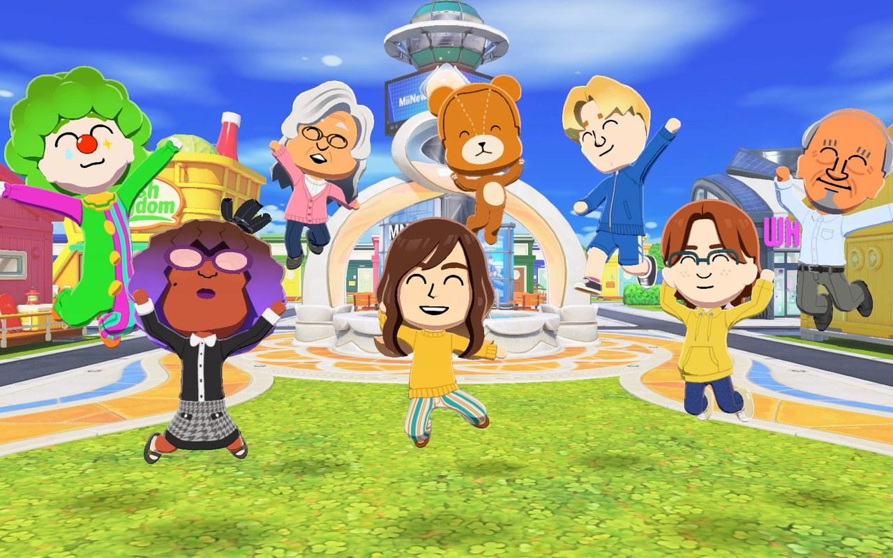Des Mii sautent de joie sur la place de l'île dans Tomodachi Life : Une vie de rêve