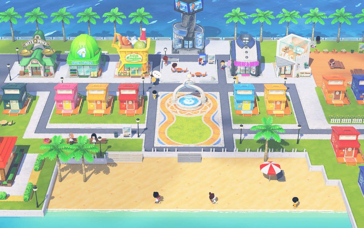 L'île de Tomodachi Life : Une vie de rêve vue d'en haut, logements, place et plage