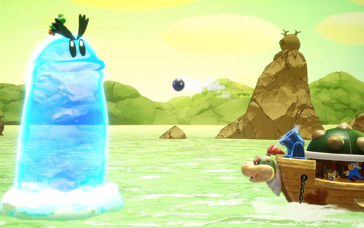 Bowser Jr. et Kamek sur leur navire à canon, face à une créature d'eau géante portant Yoshi