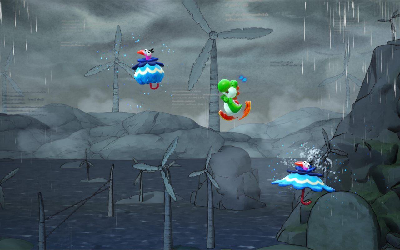 Yoshi flotte sous la pluie entre des créatures en forme de parapluie et des éoliennes