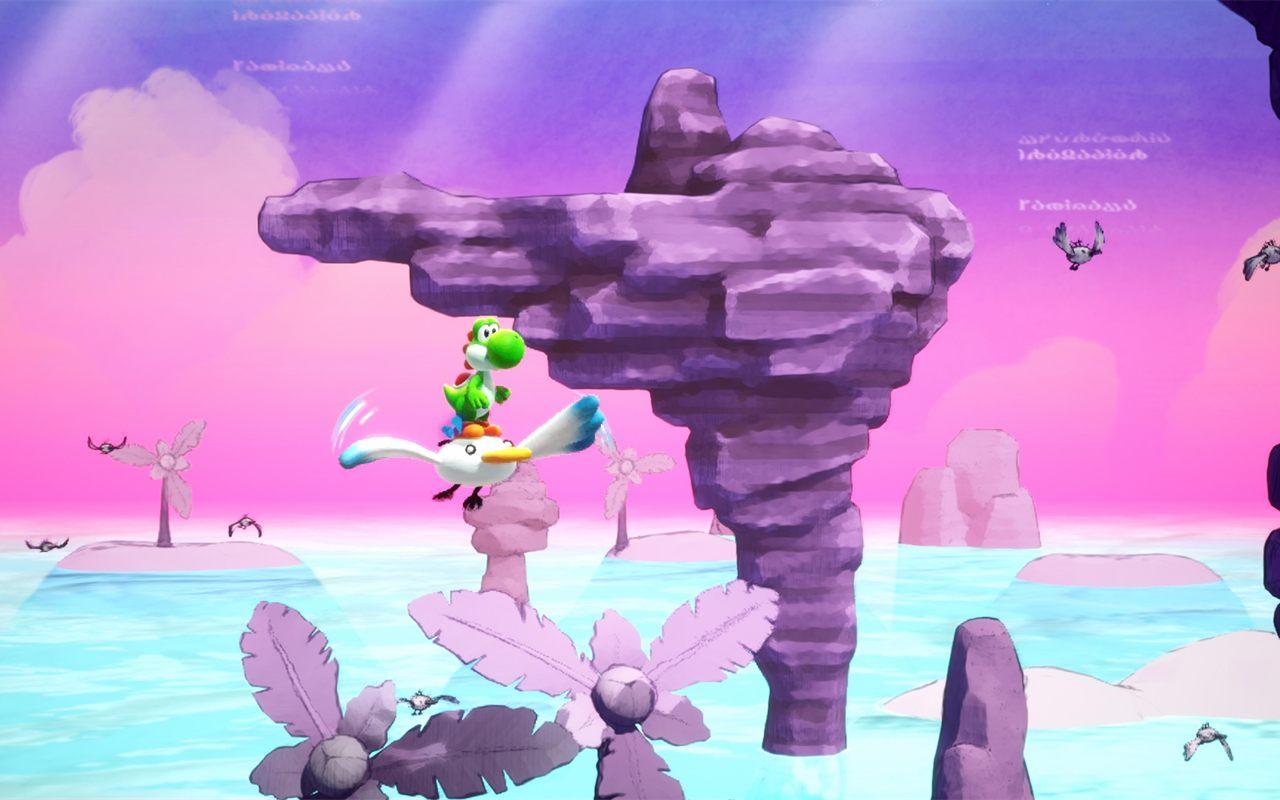 Yoshi à dos d'oiseau blanc sous un ciel violet et rose