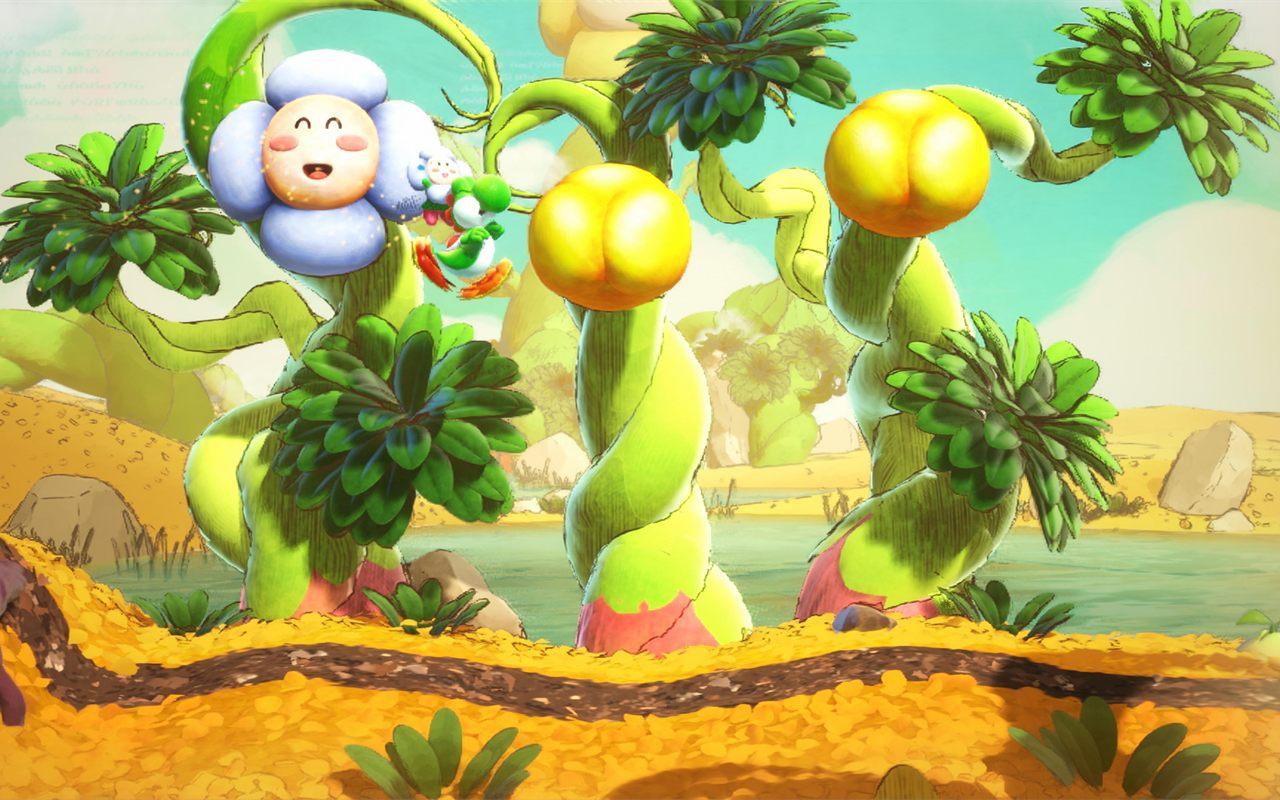 Yoshi parmi des plantes géantes et une créature fleur au visage souriant