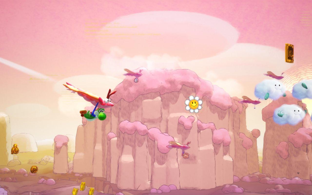 Yoshi emporté dans les airs par un oiseau rose au-dessus de falaises roses