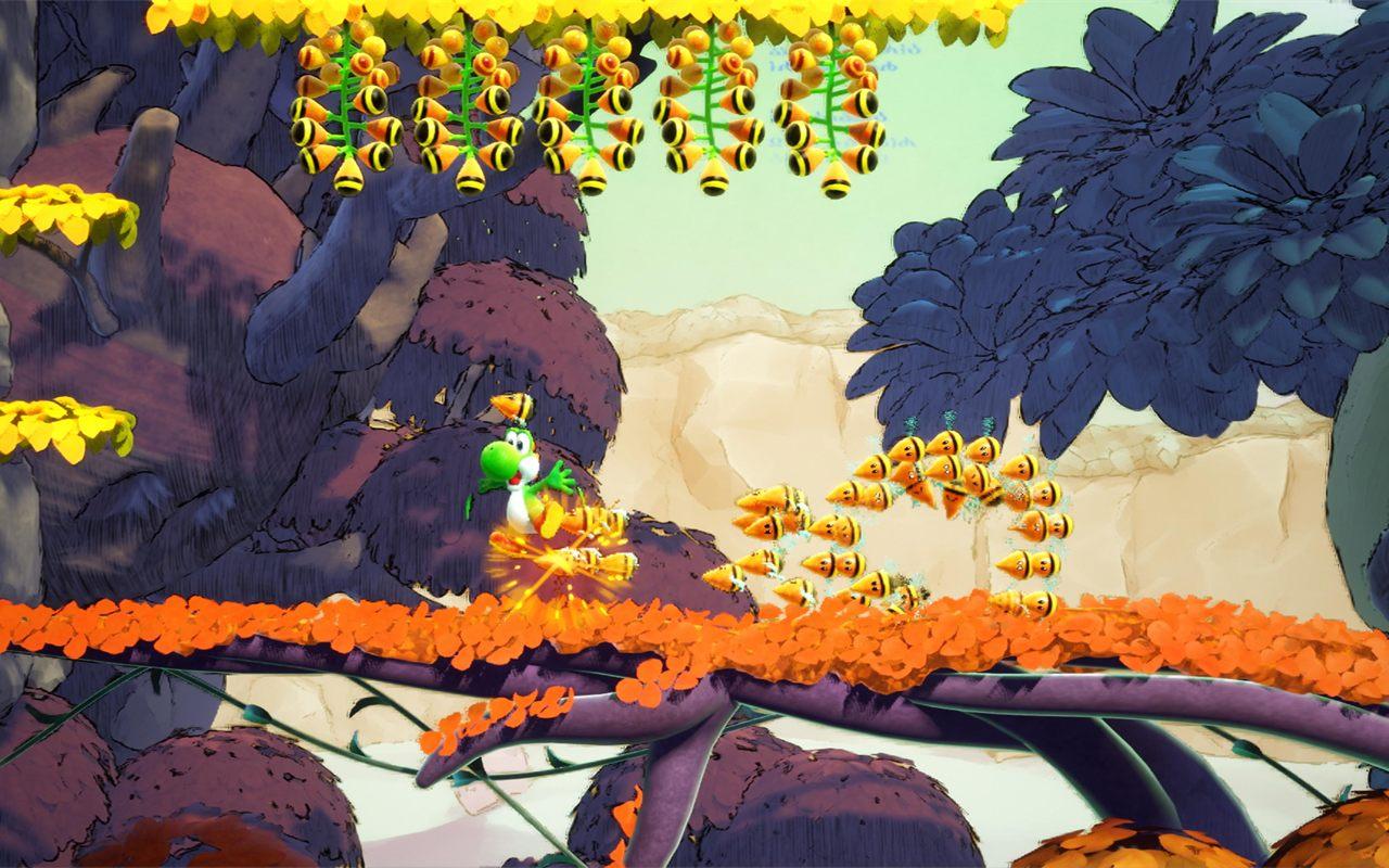 Yoshi dans une forêt bleu nuit aux feuillages orange, entouré de petites créatures