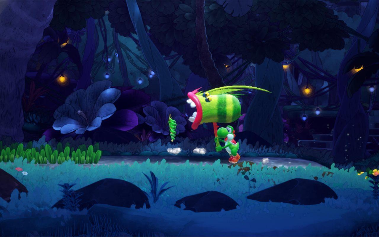 Yoshi face à une créature rayée comme une pastèque dans une forêt de nuit