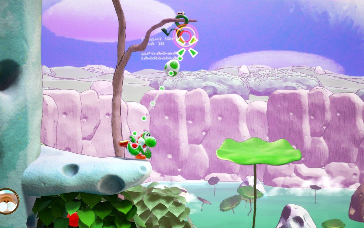 Yoshi vise une créature perchée sur une branche avec un œuf