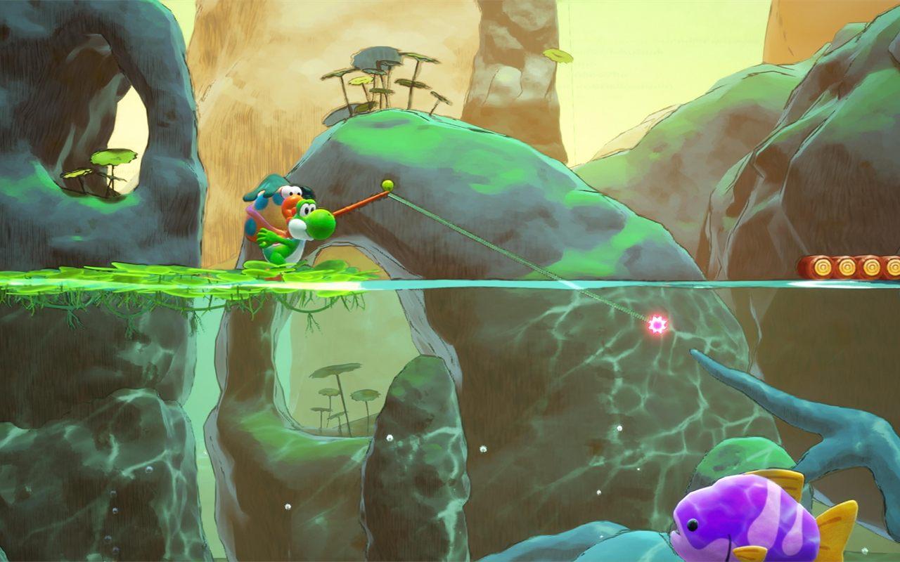 Yoshi à la surface de l'eau, un poisson violet nage en dessous