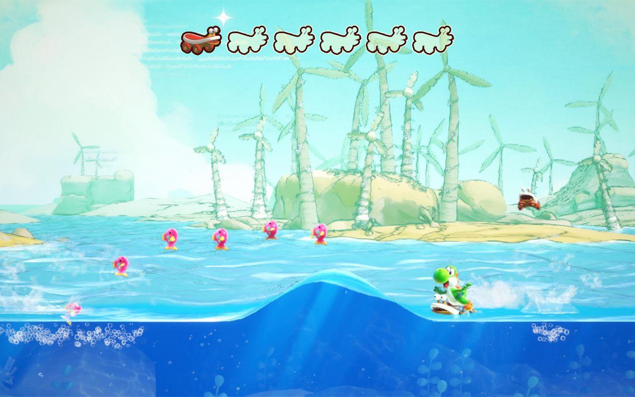 Yoshi surfe sur une vague à dos de créature