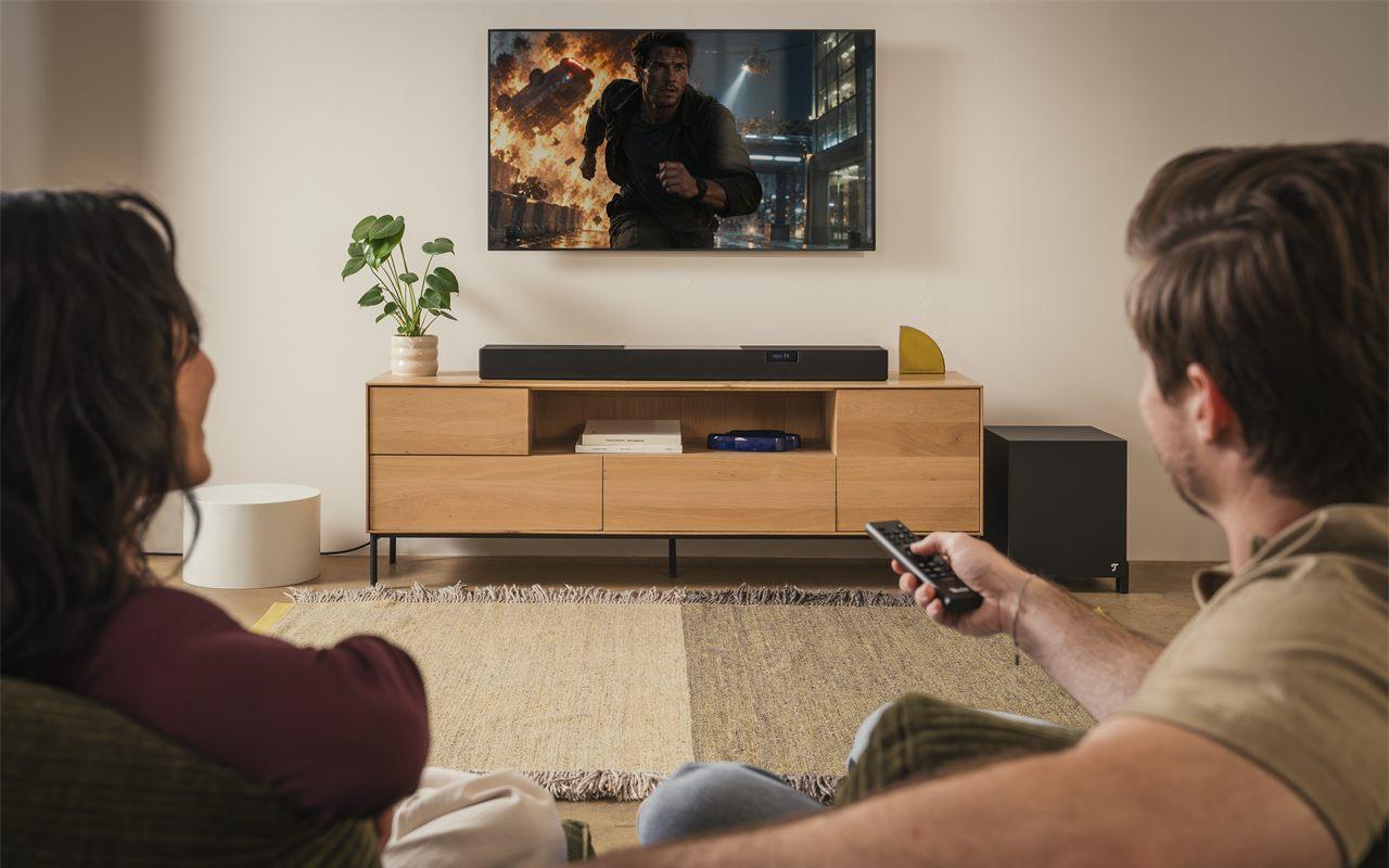 Un couple regarde un film d'action devant la Teufel Cinebar Pro 2 et son caisson