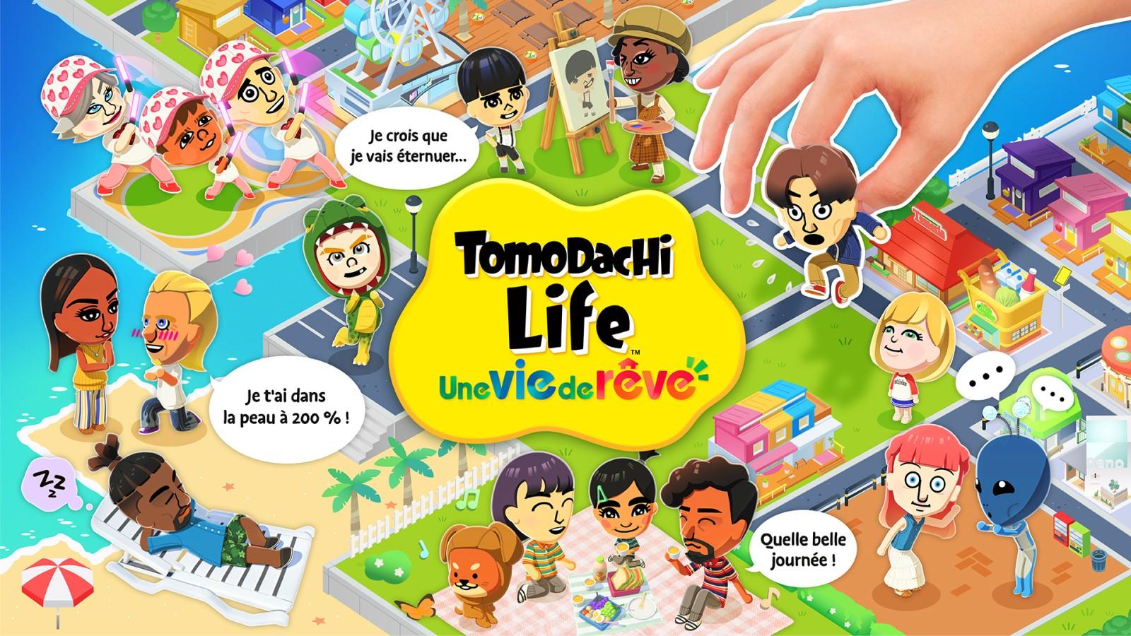 Tomodachi Life : Une vie de rêve, des Mii sur leur île autour du logo du jeu